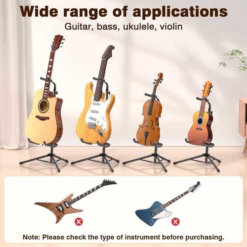 New Bee حامل جيتار، عبوة 2، حامل جيتار قابل للتعديل في الارتفاع وقابل للطي مع دعم آمن للجيتار الصوتي، الكهربائي، الباس والبانجو، سعة تحميل 20 رطل - Image 3